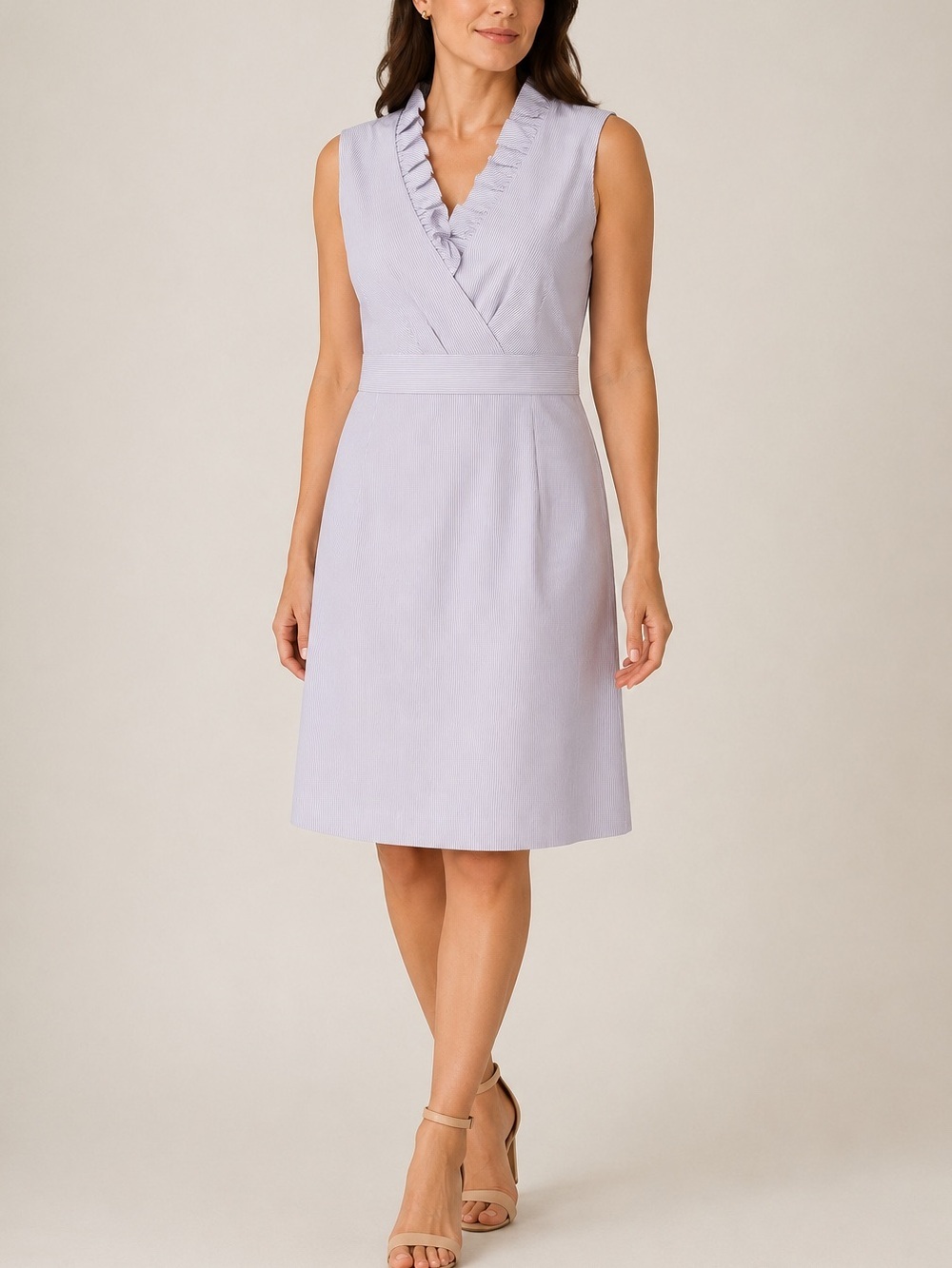 Alex Marie JUDY Sleeveless Ruffle V-neck Pencil Purple Iris Stripe Dress 14